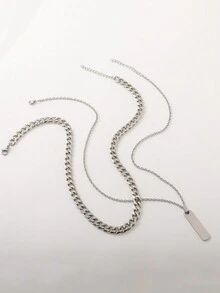 2入組時尚個性化不鏽鋼雙層方形標籤吊墜項鍊男士 - 彩色 - 查看 2