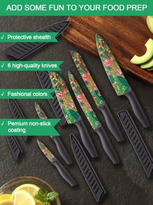 Marco Almond MA69 12-Piece Kitchen Knives Set, Colorful And Fashionable Coated Stainless Steel Knives With Black Blade Guards, 6 Knives With 6 Knives Sheath