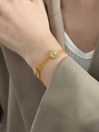 1 st Frech Style natursten turkos blomsterarmband med rostfritt stål & 18k guldplätering, icke-blekande alla hjärtans dag, mamma, mor, mors dag, present