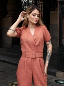 COELIN FASHION Macacão Com Manga Bufante De Linho