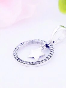 1個極簡風格925純銀圓形星星墜珠,diy手工藝品,男女適用,派對必備 - 銀色 - 查看 2