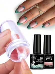 VOKY 新款透明矽膠指甲印花印章,適用於法式和方頭指甲,雙色指甲油凝膠打磨工具套裝,美甲模板,快速掌握法式尖頭指甲透明矽膠印章 - 彩色 - 查看 1