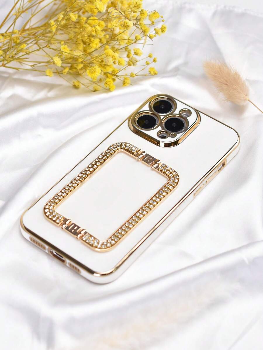 1pc Electroplated Diamond Studded Button Bracket Black/Purple/Pink/White/Green/Blue Plating Phone Case With Hidden Bracket Shaking Protection Ultra-Thin Shell Anti-Fall Cover Camera Lens Full Protection Soft Phone Case For Iphone7/8/11/12/13/14/15/X/Xr/Xs/Plus/Pro/Pro Max/Se2/Mini Series - White - View 1