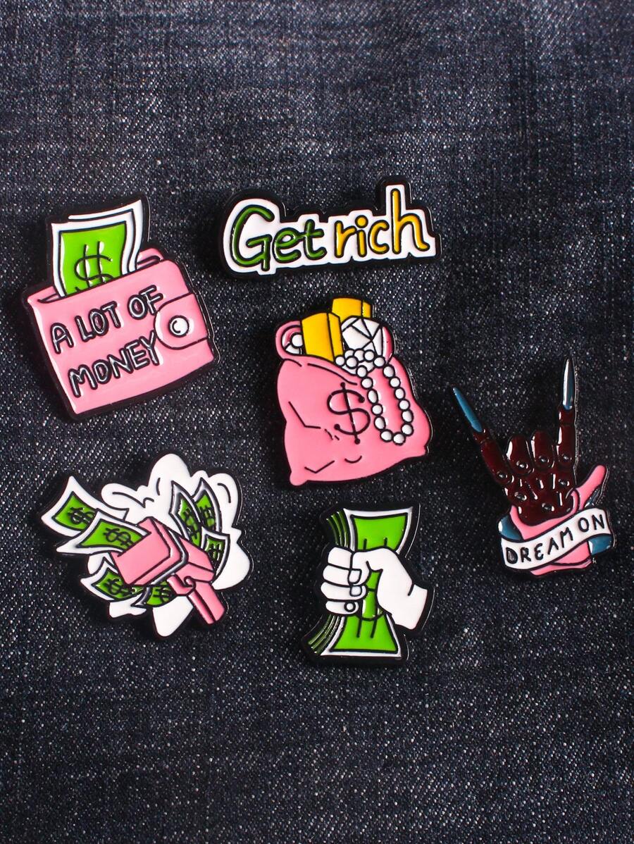 6pcs Cartoon Zinc Alloy Oil Drop Money Badge Brooch For Men And Women Daily Wear