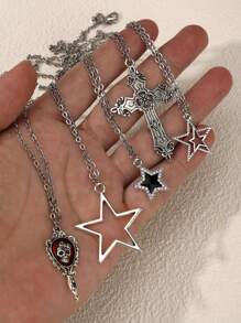 5pcs/Set Y2k Vintage Gothic Punk Rock Style Star & Rhinestone Inlaid Cross & Butterfly Pendant Necklace With Stainless Steel Chain