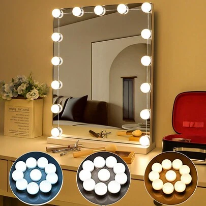 1 件多尺寸化妆镜灯，LED 化妆镜灯泡，USB 三色化妆 LED 镜灯，化妆镜浴室照明，可调节亮度和色温，可旋转电线整理器，10/12/14 LED 选项