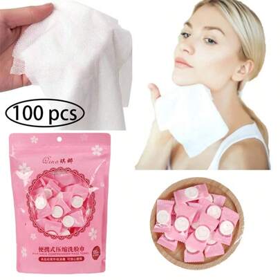 100 Algodón Toallas Faciales Viaje Comprimidas Desechable Desechables Portátiles de Algodón Comprimido para Viajes, Camping, Senderismo, Deportes, Salón de Belleza, Toallitas de Mano para el Hogar Toalla Facial de Algodón Expandible, Papel Higiénico Portátil