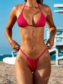 2pcs/Set Ribbed Red Triangle Bikini With Strappy Details And Swimwear Bottoms Summer