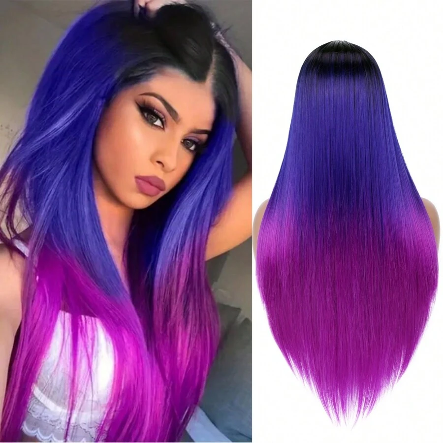 渐变黑蓝紫中分 26 英寸丝滑长直发合成耐热假发时尚女士初学者假发 - 角色扮演万圣节 Y2K 洛丽塔 Jk 日常假发无刘海闪光圣诞假发