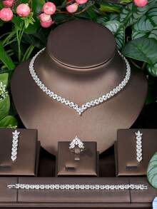 1 套簡約方晶鋯石菱形裝飾珠寶套組適合女士旅行時配戴 - 銀色 - 查看 1