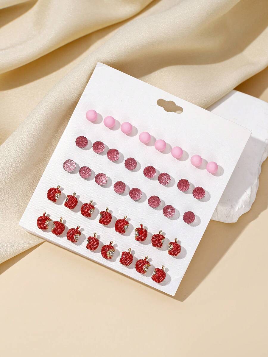 20pairs/Set Fashionable Alloy Gold-Color Apple Shaped, Resin Starry Sky & Rhinestone Decor Stud Earrings Set - Multicolor - View 1