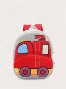 1pc Plush Cartoon Fire Truck Pattern Backpack, Suitable For 2-4 Years Old Boys & Girls, Daily Use