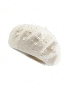溫暖的仿珍珠貝雷帽經典八角南瓜帽,派對必備 - 白色 - 查看 1