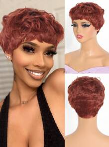 Pixie Cut 假髮合成短捲波浪髮假髮帶瀏海日常使用假髮適合初學者佩戴橙色機械假髮 - 臟橘色 - 查看 1