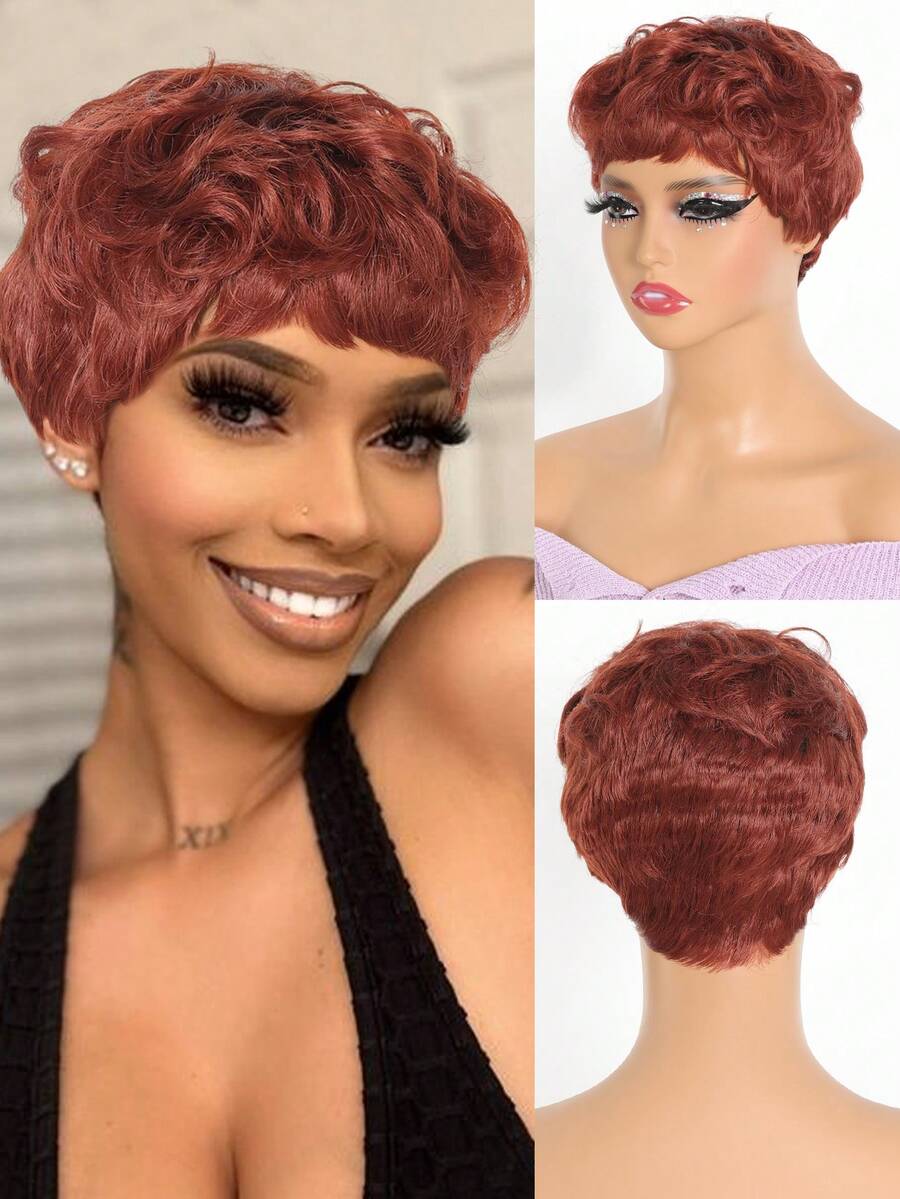 Pixie Cut 假髮合成短捲波浪髮假髮帶瀏海日常使用假髮適合初學者佩戴橙色機械假髮 - 臟橘色 - 查看 1