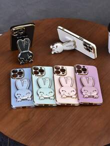 1入組電鍍兔耳式手機殼，配有隱藏支架可拍照片及提高手感與防震保護，適用於iPhone 7/8/11/12/13/14/15/X/Xr/Xs/Plus/Pro/Pro Max/Se2/Mini系列，有黑色/紫色/粉色/白色/綠色/藍色可選 - 綠色 - 查看 3