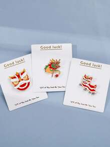 3入組獅子和龍舞蹈胸針,可愛的卡通風格,男女皆宜的春節配件,元素,原創情侶徽章 - 彩色 - 查看 4