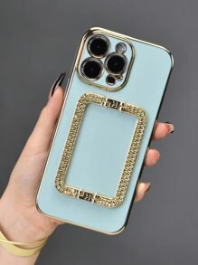 1 Peça Estojo Para Telemóvel Electrodado Verde Com Fivela Quadrada Com Diamantes E Suporte Escondido, Capa Protetora Ultra-fina À Prova De Choque, Capa Protetora Compatível Com Série Iphone7/8/11/12/13/14/15/x/xr/xs/plus/pro/pro Max/se2/mini Com Protector Completo De Lente Da Câmara - Verde - Ver 6