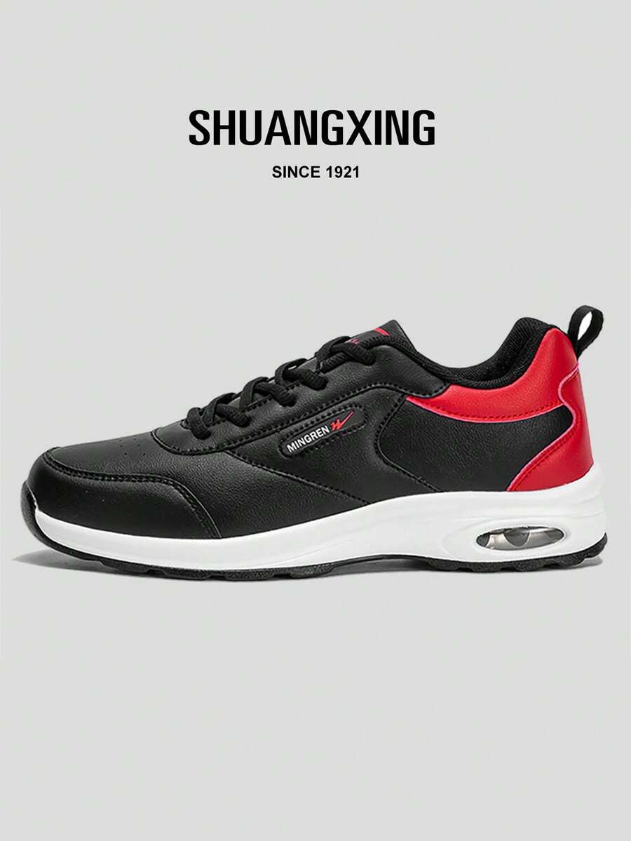 SHUANGXING 男款輕質軟底氣墊吸震黑色運動鞋,冬季休閒低幫鞋帶跑步鞋 - 黑色 - 查看 1