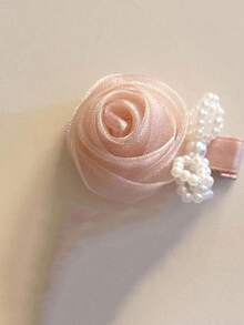 1 件网状玫瑰和人造珍珠串珠蝴蝶结发夹，极具吸引力的森系鳄鱼发夹，适合外出和精致的派对礼服配饰 - 粉色 - 查看 3
