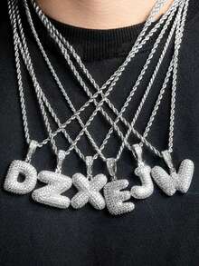 1 件嘻哈風格立方氧化鋯石英字母吊墜項鍊,龐克時尚,男士日常佩戴 - 銀色 - 查看 2