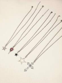 5pcs/Set Y2k Vintage Gothic Punk Rock Style Star & Rhinestone Inlaid Cross & Butterfly Pendant Necklace With Stainless Steel Chain