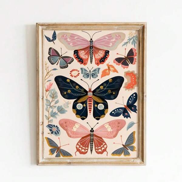 1pc Boho Butterfly Floral Butterfly Poster Print Retro Aesthetic Art Canvas Painting Wall Picture Modern Home Decoration,Unframed