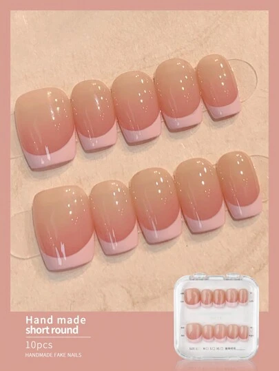 10片纯手工制作可佩戴美甲贴纸，粉色法式按压式美甲贴，长短尺寸可选，按压式美甲贴，美甲用品，手工按压式美甲贴