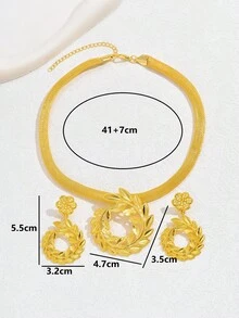 3pcs Exaggerated European & American Style Hollow Out Leaf Flower Necklace Earrings Set For Bridal, Wedding, Party Dress Up - Yellow Gold - View 10