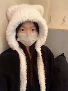 女士可愛熊耳絨毛帽,秋冬季節必備,塑臉 - 白色 - 查看 4