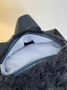 1 件时尚可爱秋冬毛绒纯色大眼猫形拉链可调节肩带儿童背包适合孩子度假旅行 - 深灰色 - 查看 8