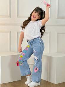 Calça Jeans Wide Leg Estampada Pantalona Infantil Juvenil Promoção - Lavagem Média - Visão 7