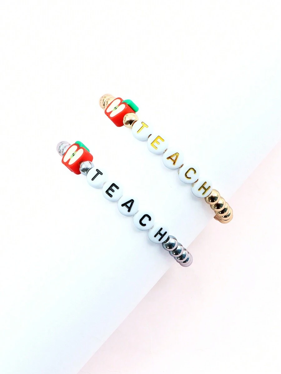 Vòng Tay Đính Hạt Onyx Đen Với Chi Tiết Chữ Apple & DẠY Cho Quà Tặng Của Giáo Viên - Bạc - Xem 1