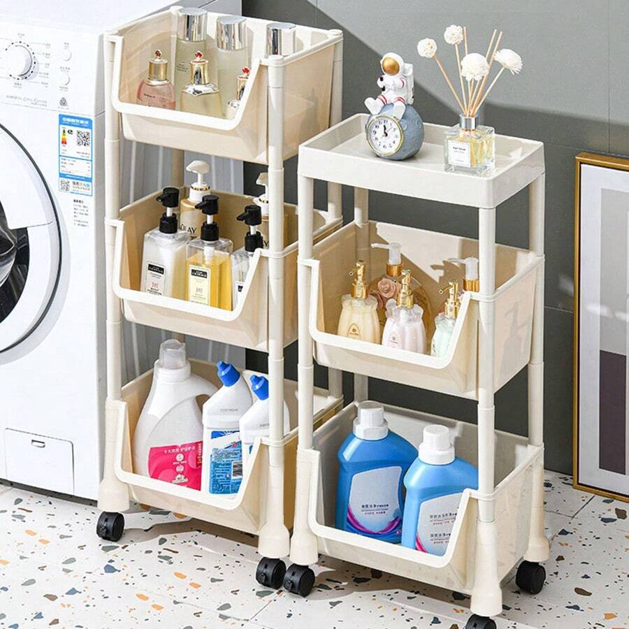 1件米色塑膠收納架廚房辦公室書桌宿舍可移動落地式多層收納架 - 米色 - 查看 1