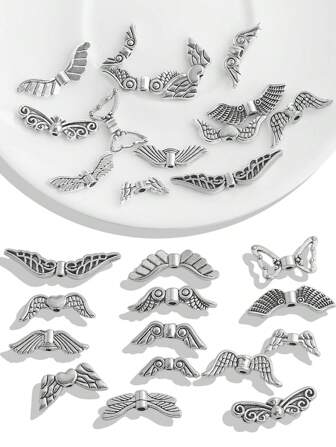 30 件/包各种尺寸锌合金守护天使翅膀、松果流苏、鱼、心、花、象、乌龟、蜜蜂、海星形状 DIY 珠宝配件吊坠，仿古镀银珠子适用于手链项链