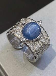 1pc Tang Grass Pattern Kyanite Wide Face Plus Size Rings For Women Couples New Fashion Simple Party Jewelry Accessories - Silver - View 2