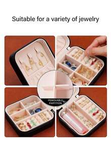 1個時尚便攜式pu皮質珠寶收納盒,適合存放耳環,項鍊,戒指等,很適合旅行和送禮,迷你而精美的設計 - 黑色 - 查看 6