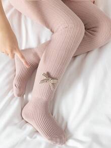 1條厚款格子裝飾打結蝴蝶結嬰兒女童緊身褲,冬季日常穿著舒適彈性褲 - 彩色 - 查看 8