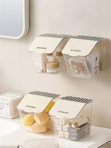 1pc Makeup Organizer, Wall-mounted Storage Box For Bathroom, Plastic Waterproof Large Capacity Container With Cover, Suitable For Kitchen, Bathroom And Toilet Organizing And Storing - Beige - View 8