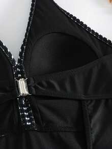 夏季欧美风格印花连体泳衣，收腹，音乐节/节日高腰露背度假泳装，交叉带女士沙滩装 - 黑與白 - 查看 7