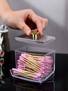 1pc Dispenser For Swab, Clear Plastic Apothecary Jar, Bathroom Canister Storage Box, Vanity Makeup Organizer With Lids Home Bathroom Decor Bathroom Organizer Fall Decor Makeup Organizer Back To School - Transparent - View 9