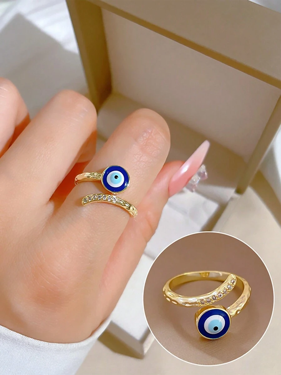 1 pieza Anillo abierto con ojo maligno brillante para estilo personal