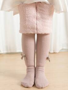 1條厚款格子裝飾打結蝴蝶結嬰兒女童緊身褲,冬季日常穿著舒適彈性褲 - 彩色 - 查看 2