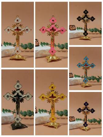 Vintage & Exquisite Cross Decoration With Statue Of Virgin Mary & Angel, Metal Craft Home Office Decor