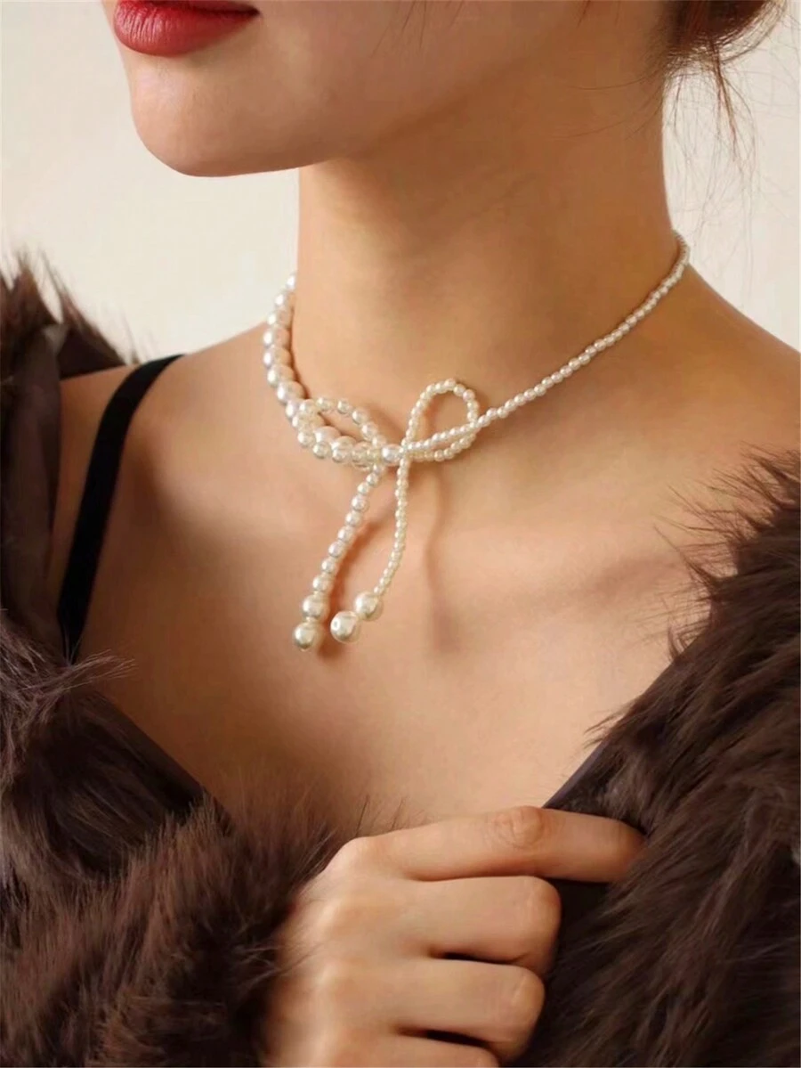 1條白色甜美珍珠蝴蝶結項鍊,適用於女士珠寶 - 白色 - 查看 1