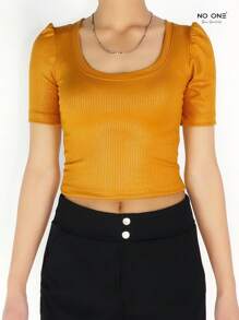 NO ONE | Playera spandex con brillo crop top slim fit - Mostaza Amarilla - Ver 1
