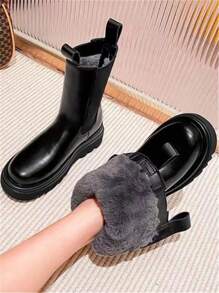 女士靴子 冬季新款保暖内衬保暖烟囱靴 女士切尔西中筒靴 雪地靴 - 黑色 - 查看 1