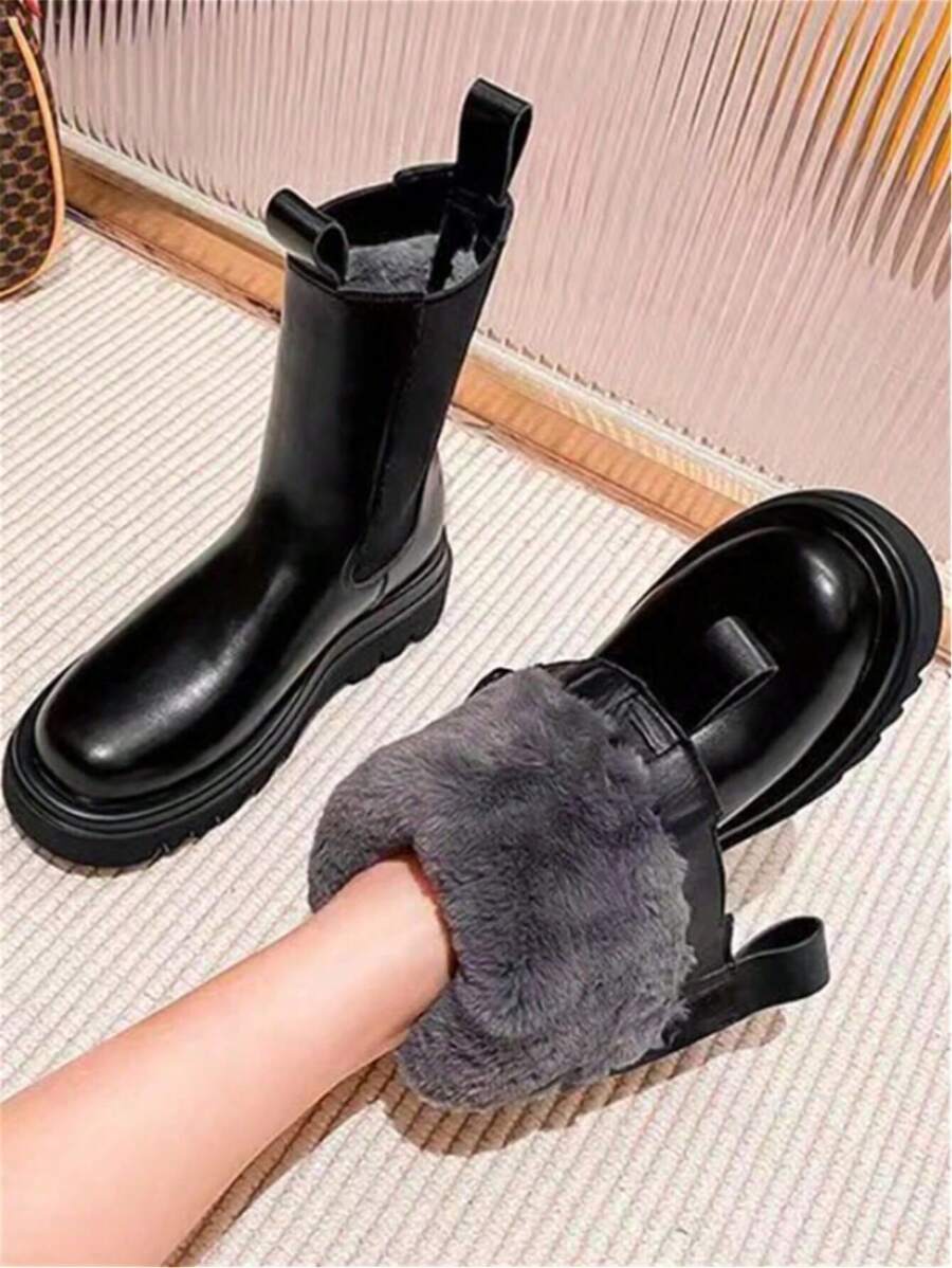 女士靴子 冬季新款保暖内衬保暖烟囱靴 女士切尔西中筒靴 雪地靴 - 黑色 - 查看 1