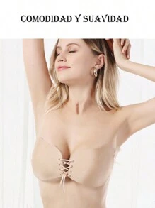 Reusable Strapless Bra. Push Up Silicone Adjustable Drawstring, Adhesive Invisible Bra - Beige - View 2