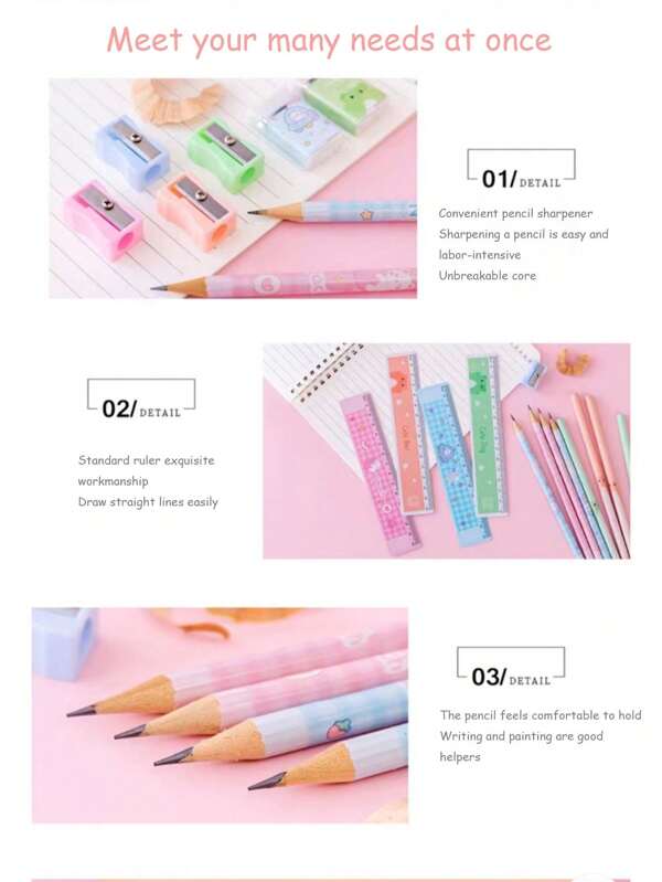 Perfect Student Reward Set! 5-Pc Pencil Kit With Eraser, Soft Ruler & Sharpener